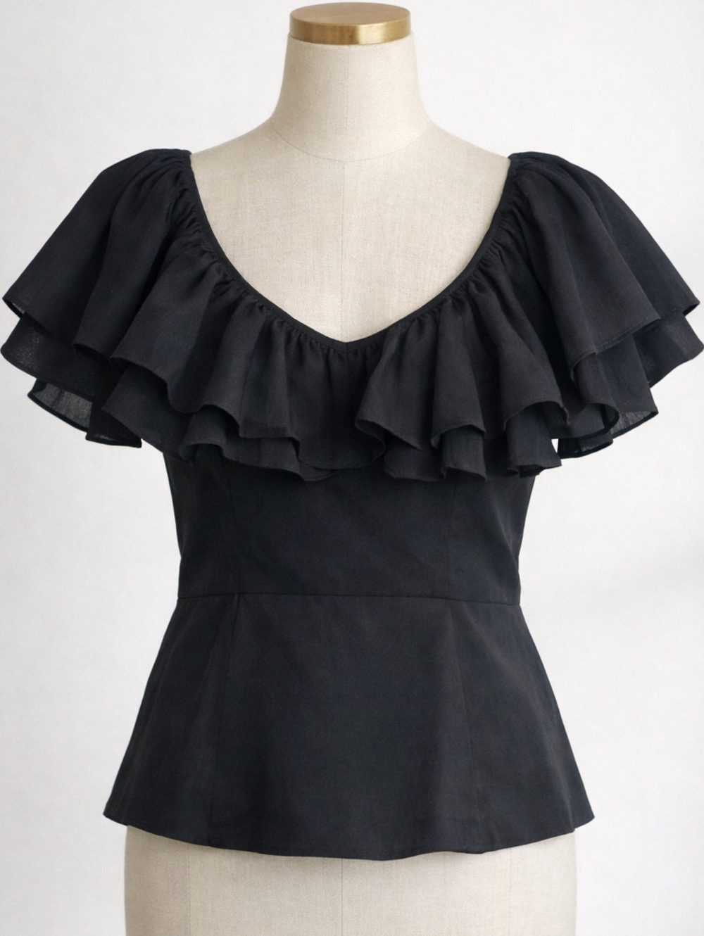 J. CREW Black Cotton Voile Ruffle Blouse Size 2 Layered Peplum Scoop Neck Top